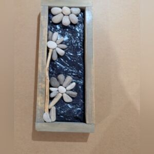 Up Cycled Handmade Pebble Flower Wall Art in Navy and Natural Wood